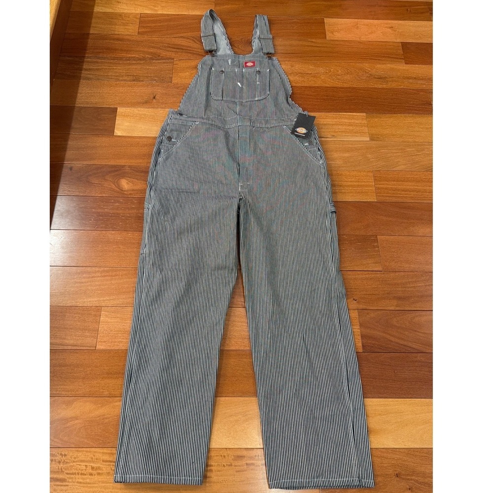 NWT Dickies Hickory Stripe Bib Overalls Mens Blue White Workwear 38X32 - Picture 2 of 9